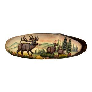 Elk Family Intarsia Wood Oval Wall Sculpture 13x40 Rustic Cabin Decor